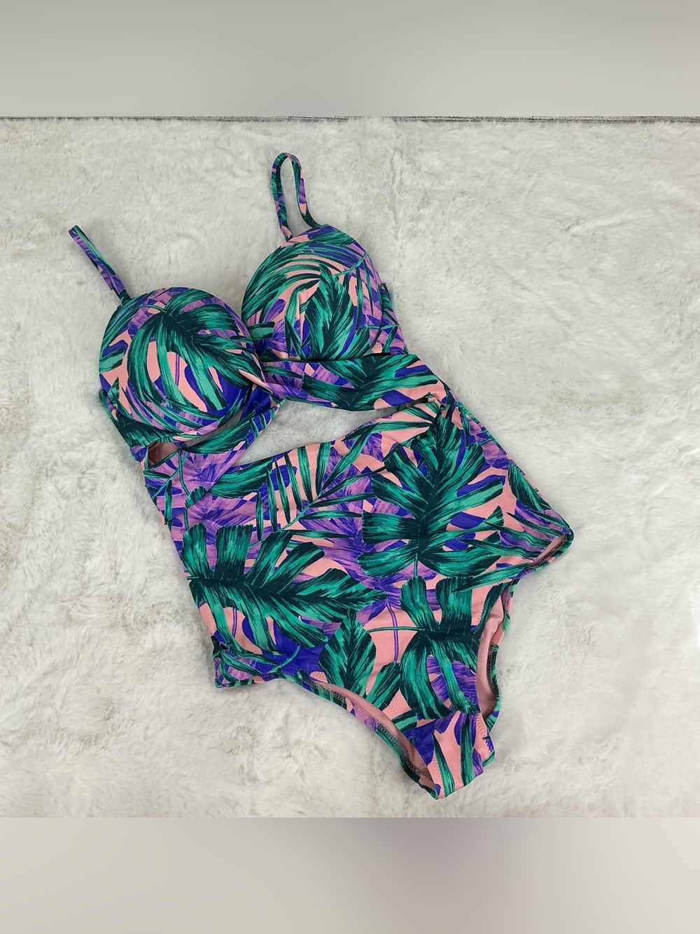 Shade and Shore Tropical Twist Cutout One-Piece Swimsuit in Green, purple & Pink - Picture 2 of 6